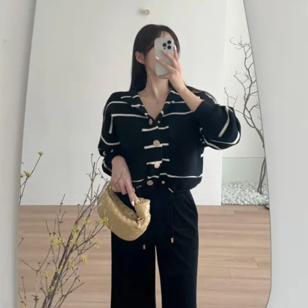 Striped Hooded Knit Cardigan – Gold Buttons, Slightly Cropped