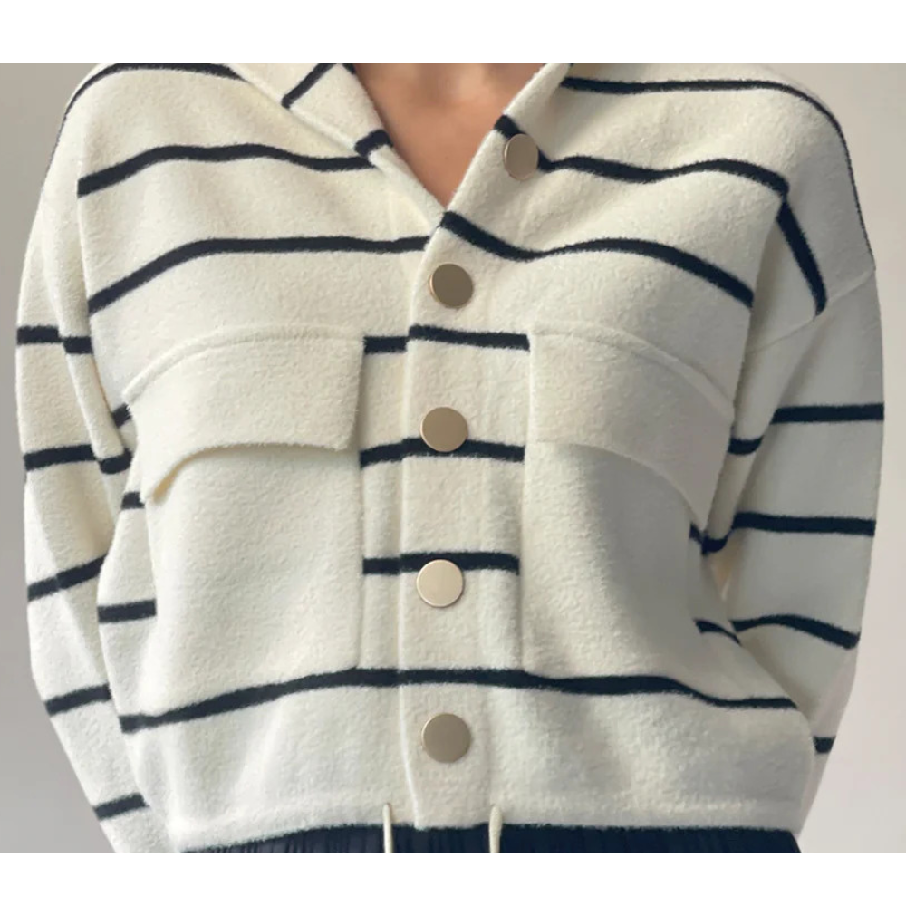 Striped Hooded Knit Cardigan – Gold Buttons, Slightly Cropped