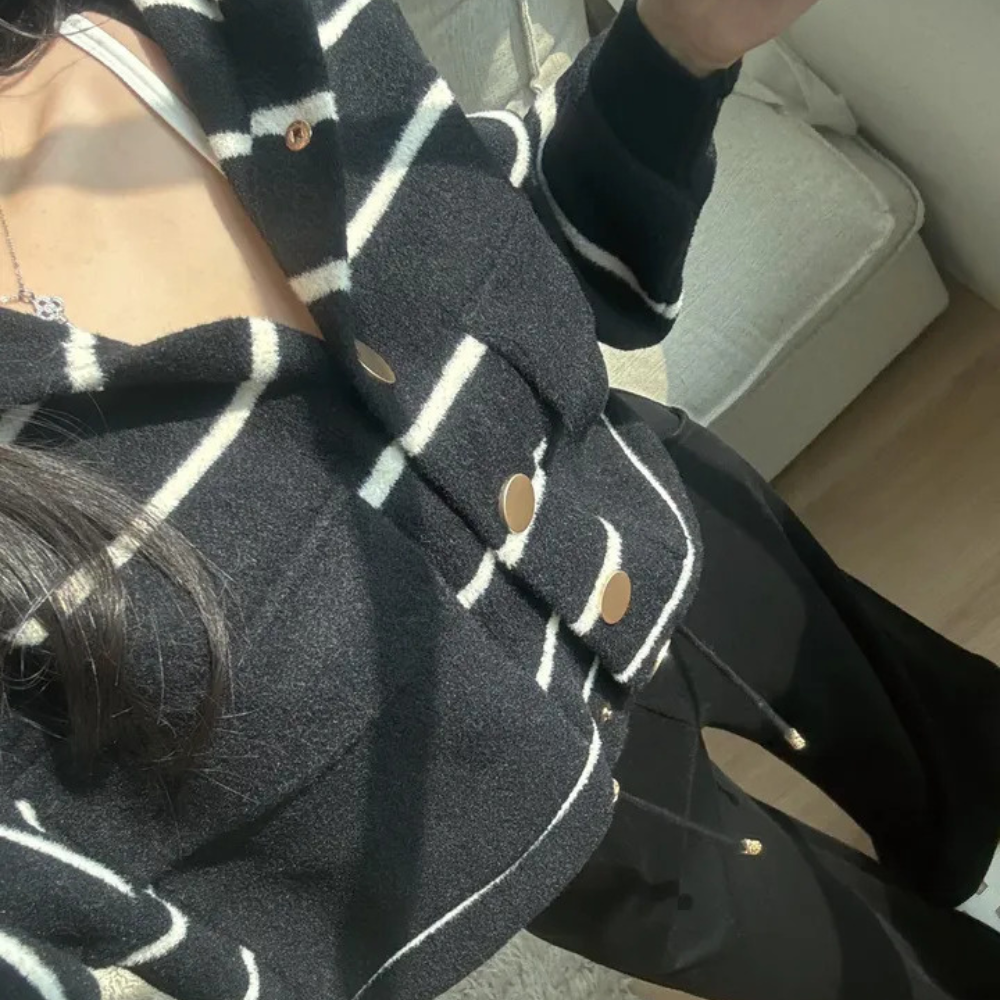 Striped Hooded Knit Cardigan – Gold Buttons, Slightly Cropped