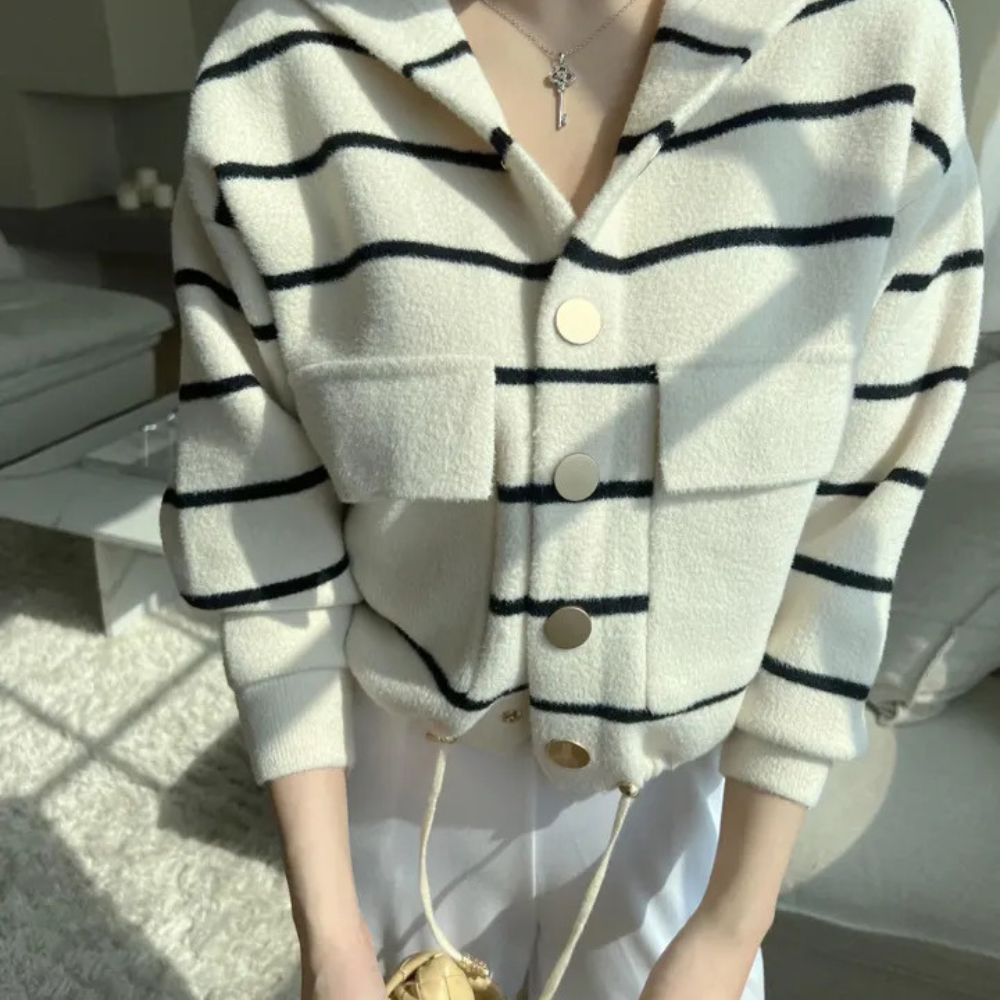 Striped Hooded Knit Cardigan – Gold Buttons, Slightly Cropped