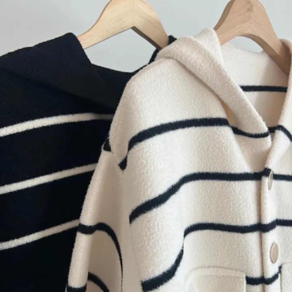 Striped Hooded Knit Cardigan – Gold Buttons, Slightly Cropped