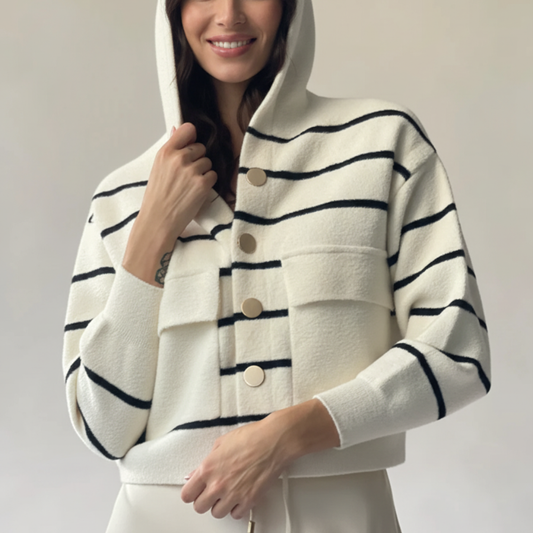 Striped Hooded Knit Cardigan – Gold Buttons, Slightly Cropped