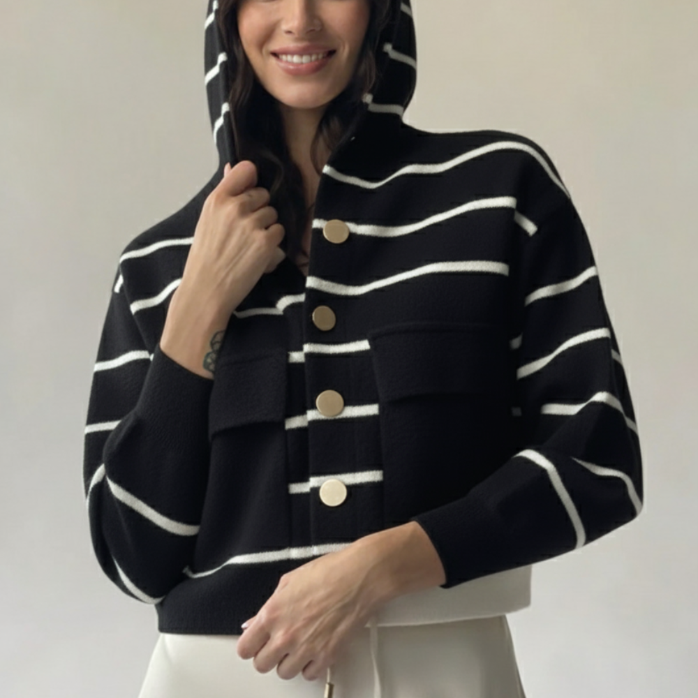 Striped Hooded Knit Cardigan – Gold Buttons, Slightly Cropped