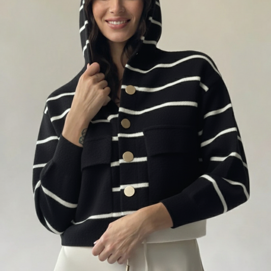Striped Hooded Knit Cardigan – Gold Buttons, Slightly Cropped